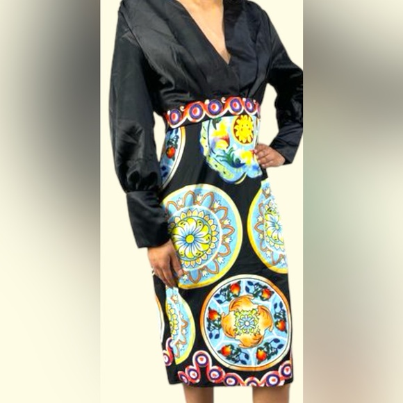 Cute colorful dress sz L black satin top - Picture 1 of 13